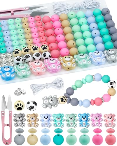 FIVEIZERO Silikonperlen für Schlüsselanhänger, Bären-Fokal-Perlen, 15 mm rund, 12 mm Linse und 10 mm Strass-Perlen für Stifte, Armbänder und Bastelarbeiten mit elastischer Schnur und Schere, 124 Stück von FIVEIZERO