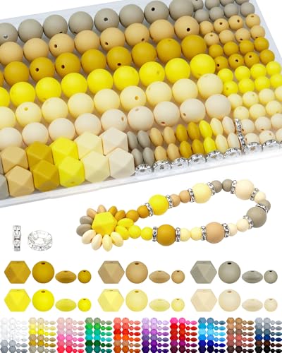 FIVEIZERO Silikonperlen für Schlüsselanhänger-Set, 6 gemischte gelbe Farben, 9 mm und 15 mm Silikonperlen, Linsenperlen, sechseckige Perlen und Strass-Abstandshalter für Schmuckherstellung und FIVEIZERO Silikonperlen für Schlüsselanhänger-Set, 6 gemischte gelbe Farben, 9 mm und 15 mm Silikonperlen, Linsenperlen, sechseckige Perlen und Strass-Abstandshalter für Schmuckherstellung und von FIVEIZERO