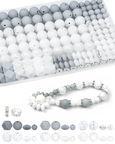 FIVEIZERO Silikonperlen für Schlüsselanhänger-Set, 6 gemischte weiße Farben, 9 mm und 15 mm Silikonperlen, Linsenperlen, sechseckige Perlen und Strass-Abstandshalter für Schmuckherstellung und FIVEIZERO Silikonperlen für Schlüsselanhänger-Set, 6 gemischte weiße Farben, 9 mm und 15 mm Silikonperlen, Linsenperlen, sechseckige Perlen und Strass-Abstandshalter für Schmuckherstellung und von FIVEIZERO