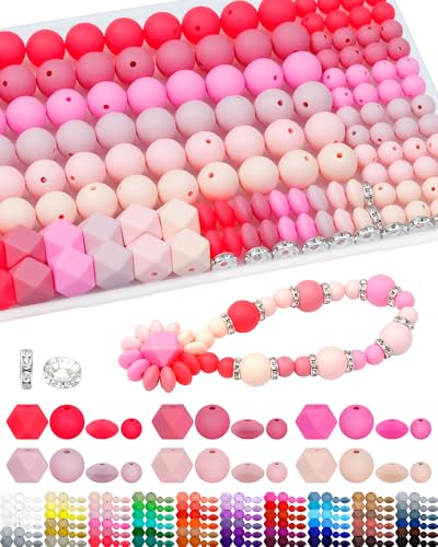 FIVEIZERO Silikonperlen für Schlüsselanhänger-Set, 6 verschiedene rosa Farben, 9 mm und 15 mm Silikonperlen, Linsenperlen, sechseckige Perlen und Strass-Abstandshalter für Schmuckherstellung und FIVEIZERO Silikonperlen für Schlüsselanhänger-Set, 6 verschiedene rosa Farben, 9 mm und 15 mm Silikonperlen, Linsenperlen, sechseckige Perlen und Strass-Abstandshalter für Schmuckherstellung und von FIVEIZERO