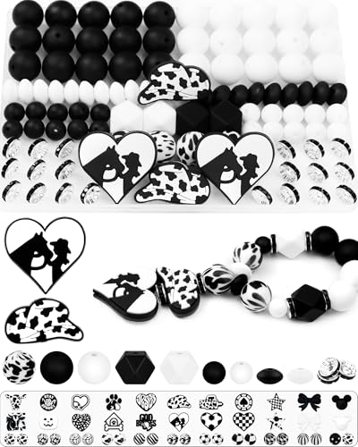 FIVEIZERO Silikonperlen für Schlüsselanhängerherstellung, Schwarz und Weiß, gemischte Formen, Silikon-Fokal-Perlen für Armbänder, Stifte und Bastelarbeiten (Cowboy), 102 Stück von FIVEIZERO