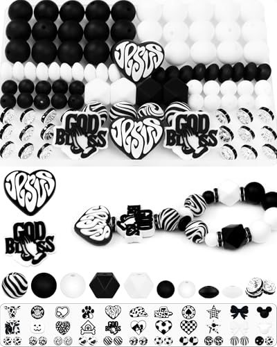 FIVEIZERO Silikonperlen für Schlüsselanhängerherstellung, Schwarz und Weiß, gemischte Formen, Silikon-Fokal-Perlen für Armbänder, Stifte und Bastelarbeiten (Jesus), 102 Stück von FIVEIZERO