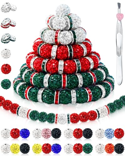 FIVEIZERO Strass-Perlen für Baseball-Halsketten, Armbänder, Schmuckherstellung, 10 mm, glitzernde, runde Kristall-Ton-Perlen, Strass-Abstandshalter für Armbänder und Bastelarbeiten (grün, rot, weiß FIVEIZERO Strass-Perlen für Baseball-Halsketten, Armbänder, Schmuckherstellung, 10 mm, glitzernde, runde Kristall-Ton-Perlen, Strass-Abstandshalter für Armbänder und Bastelarbeiten (grün, rot, weiß von FIVEIZERO
