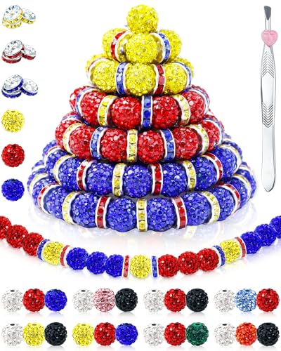 FIVEIZERO Strass-Perlen für Baseball-Halsketten, Armbänder, Schmuckherstellung, 10 mm, glitzernde, runde Kristall-Ton-Perlen, Strass-Abstandshalter für Armbänder und Bastelarbeiten (rot, gelb, blau von FIVEIZERO