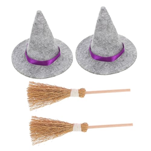 FIXOSHEE 2 Sätze Mini Halloween Hexenhut und Besen Set Teiliges Miniatur für Puppenhaus Kleine Hexenhüte aus Grauem Naturstroh Gruselige Partydeko für Haus Puppen und Mini Landschaften von FIXOSHEE