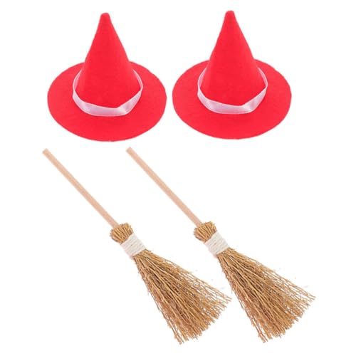 FIXOSHEE 2 Sätze Mini Hexenhüte und Besen Halloween Dekorationen für Puppenhaus Mikro Landschaft Diy Basteln Zubehör Teiliges Set mit Natürlichen Bastbesen und Roten Hexenhüten für Party von FIXOSHEE
