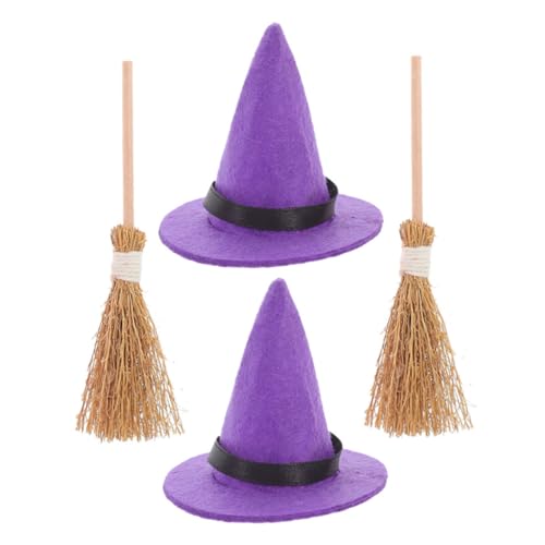 FIXOSHEE 2 Sätze Miniatur Hexenhüte und Kleine Besen Set Teiliges Halloween Mikro Landschafts Deko Farbige Mini Hexenhüte und Natürliche Strohbesen für Diy Puppenhaus und Gruselige von FIXOSHEE