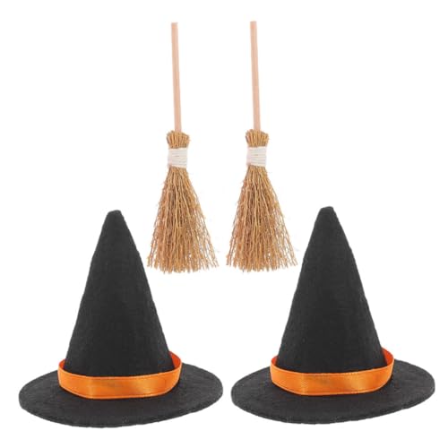 FIXOSHEE 2 Sätze Miniatur Hexenhut und Besen Set Teilig Halloween Deko Schwarz Kleine Hexenhüte und Mini Besen für Miniaturlandschaften für Halloween Partys und Mini Haus Dekoration von FIXOSHEE