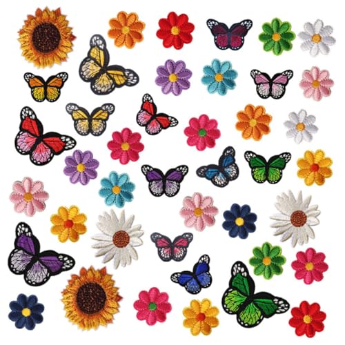 FIXOSHEE 42 Stück Teiliges Besticktes Bunte Schmetterlinge Blumen Patches zum Aufnähen und Aufbügeln für DIY Kleidung Rucksäcke Taschen Dekoration Cartoon Aufnäher von FIXOSHEE
