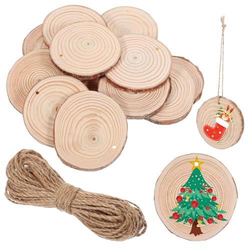 FIXOSHEE 50Stücke Unlackierte Holzscheiben mit Jute Schnur DIY Bastelmaterial für Rustikale Dekorationen Holzornamente für Kreative Projekte und von FIXOSHEE