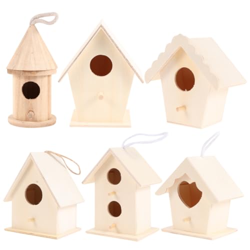 FIXOSHEE 6 Stück Teiliges DIY Bastelset Vogelhaus aus Massivem Holz Glatte Oberfläche Dickes Seil zum Aufhängen Stabile Bodenplatte Pädagogisches Kreativspielzeug für Bemalen und Dekorieren von FIXOSHEE