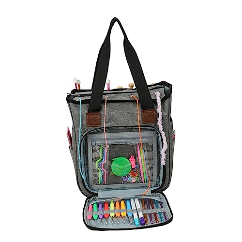 FIXOSHEE Wollige Aufbewahrungstasche mit Schulterriemen Organizer für Strick und Häkelzubehör Graue Stofftasche für Projekte und Reiseartikel für Handarbeiten von FIXOSHEE