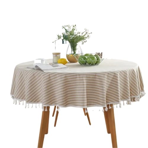 FJIXUO Gestreifte runde Tischdecke, Schlichte Quasten-Tischdecke, Tischdecke aus Baumwollleinen, Tischdecke, Handtuch Für Restaurant(Beige,Diameter 130cm) von FJIXUO