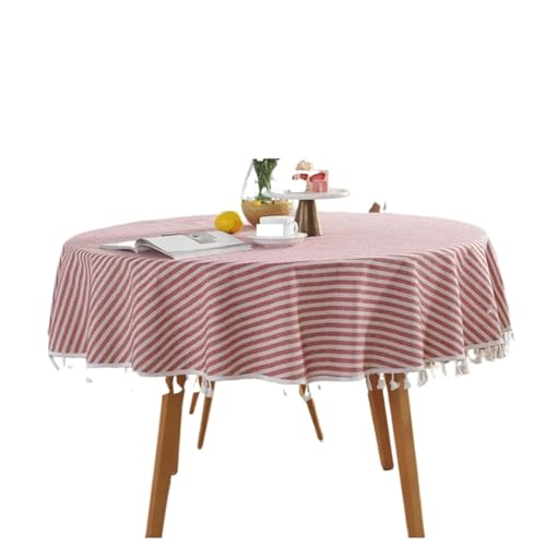 FJIXUO Gestreifte runde Tischdecke, Schlichte Quasten-Tischdecke, Tischdecke aus Baumwollleinen, Tischdecke, Handtuch Für Restaurant(Red,Diameter 100cm) von FJIXUO