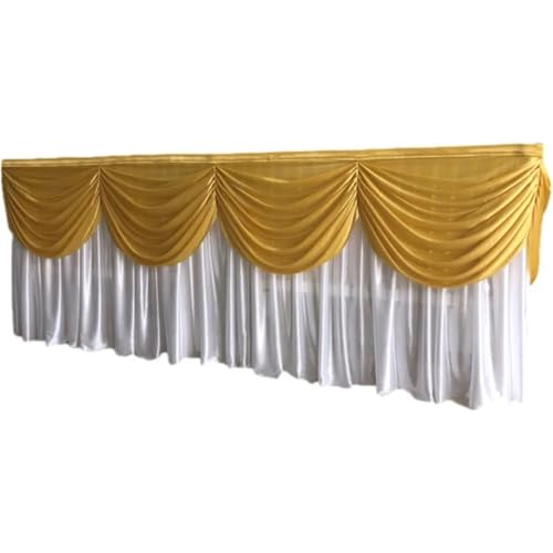 FJOADNVM Tischdecke Hochzeit 10ft x 29inch Ice Silk Tischrock Bunte Plissee gerüschte Tischrock for Hochzeit Geburtstag Buffet Tischdekoration(White with Gold Swag) von FJOADNVM