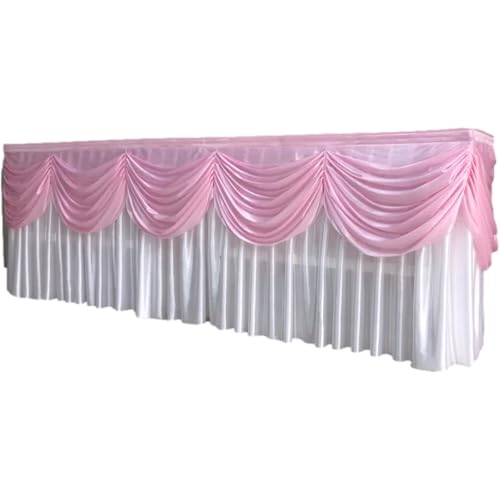 FJOADNVM Tischdecke Hochzeit 10ft x 29inch Ice Silk Tischrock Bunte Plissee gerüschte Tischrock for Hochzeit Geburtstag Buffet Tischdekoration(White with Pink Swag) von FJOADNVM