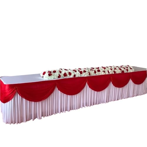 FJOADNVM Tischdecke Hochzeit 10ft x 29inch Ice Silk Tischrock Bunte Plissee gerüschte Tischrock for Hochzeit Geburtstag Buffet Tischdekoration(White with Red Swag) von FJOADNVM