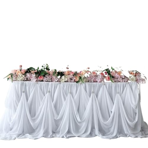 FJOADNVM Tischdecke Hochzeit Chiffon-Tischrock mit Diamantbrosche, Hochzeitsparty-Dekor, 10 Fuß x 30 Zoll, 1 Stück(White Only) von FJOADNVM