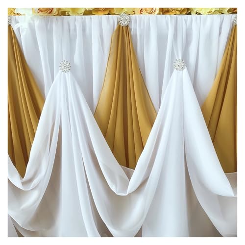 FJOADNVM Tischdecke Hochzeit Chiffon-Tischrock mit Diamantbrosche, Hochzeitsparty-Dekor, 10 Fuß x 30 Zoll, 1 Stück(White and Gold) von FJOADNVM