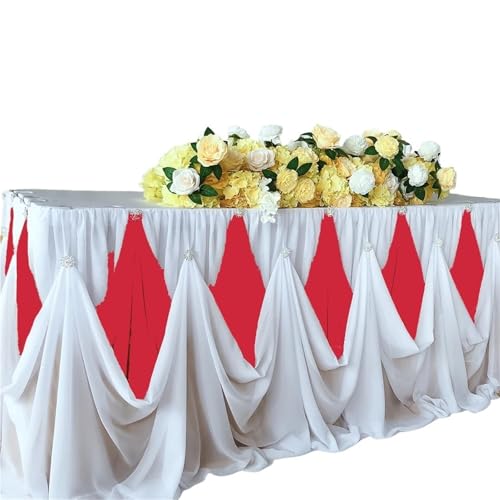 FJOADNVM Tischdecke Hochzeit Chiffon-Tischrock mit Diamantbrosche, Hochzeitsparty-Dekor, 10 Fuß x 30 Zoll, 1 Stück(White and Red) von FJOADNVM