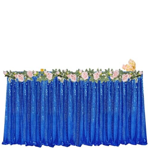 FJOADNVM Tischdecke Hochzeit Tischrock mit Pailletten, Tischröcke, gewellte Rüschen, glitzernder Tischdeckenrock for Tische, Geburtstagsparty-Display(1pc Blue,8FT 70x250cm) von FJOADNVM