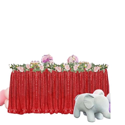 FJOADNVM Tischdecke Hochzeit Tischrock mit Pailletten, Tischröcke, gewellte Rüschen, glitzernder Tischdeckenrock for Tische, Geburtstagsparty-Display(1pc Red,6FT 70x183cm) von FJOADNVM
