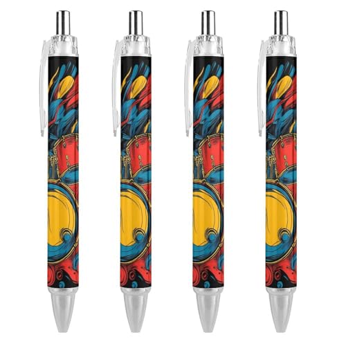 FJQWKLF Kugelschreiber mit Trommelmusik, abstrakter Kunst, einziehbar, blaue Tinte, 0,5 mm feine Spitze, Schreibstift, Bürobedarf, 4 Stück von FJQWKLF