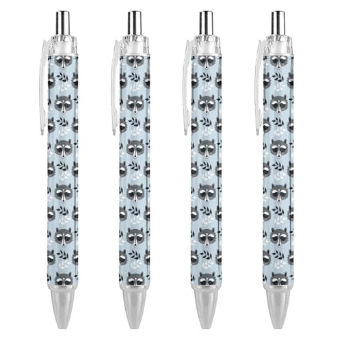 FJQWKLF Niedlicher schwarzer Kugelschreiber mit Waschbärmuster für Männer und Frauen, Druckkugelschreiber, 0,5 mm Kugelschreiber für flüssiges Schreiben, 4 Stück von FJQWKLF