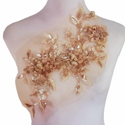 1 x Pailletten-Blumen-Stickerei-Applikation zum Aufnähen von Kleidung, Nähen, DIY-Dekoration (Champagner) von FJTANG