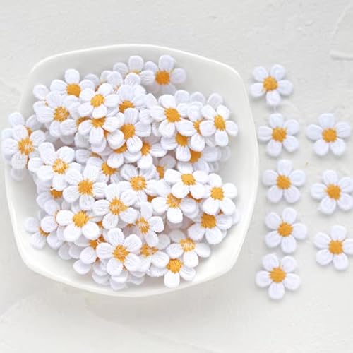 Mini-Gänseblümchen, bestickt, zum Aufnähen, Applikation, Blumenspitze, Milchfaser, Nähbesatz, Kleidung, Hochzeitskleid, Basteln, 50 Stück (weiß) von FJTANG