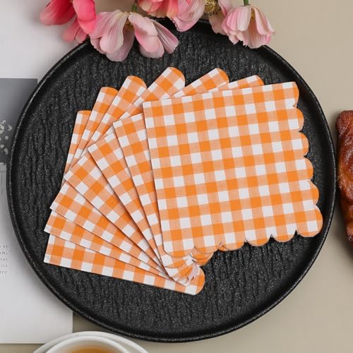 Papierservietten mit Gingham-Muster, rosa/grün/rot/orange, gewellt, Cocktail-Servietten, Abendessenservietten für Zuhause, Hochzeit, Geburtstag, Party, Geschirr, Dekoration, 100 Stück (orange) von FJYOURIA