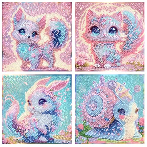 Diamond Painting Kinder, Diamant Painting Bilder Kinder, Süß Tiere Diamond Painting 4er Set, DIY Mosaik Bastelset Mädchen Junge ab 6 7 8 9 10 11 12 Jahre, Weihnachtsgeschenke für Kinder, 15x15cm von FLAJZ