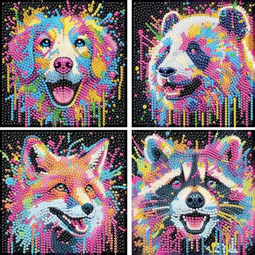 FLAJZ Diamond Painting für Kinder, 4 Pack Cartoon-Tiere Diamant Painting Bilder, Edelsteinkunst, Crystal DIY Voller Strass Diamantmalerei Set von FLAJZ