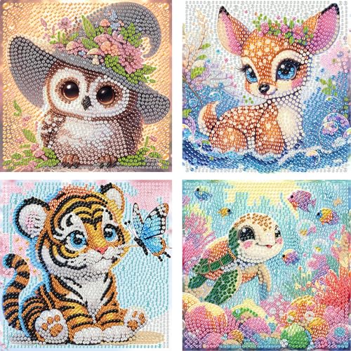 FLAJZ Diamond Painting für Kinder, 4 Pack Cartoon-Tiere Diamant Painting Bilder, Edelsteinkunst, Crystal DIY Voller Strass Diamantmalerei Set von FLAJZ