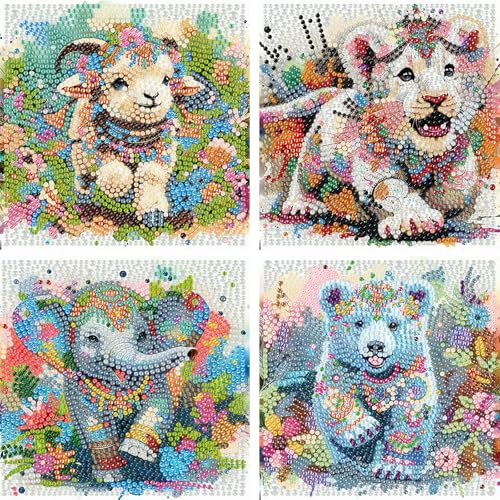 FLAJZ Diamond Painting für Kinder, 4 Pack Cartoon-Tiere Diamant Painting Bilder, Edelsteinkunst, Crystal DIY Voller Strass Diamantmalerei Set von FLAJZ