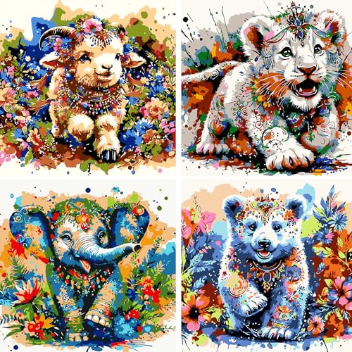 FLAJZ Malen Nach Zahlen Kinder, 4 Stück Malen Nach Zahlen Cartoon Tiere, DIY Handgemalt öLgemäLde Leinwand füR Home Dekor, füR Jungen Und MäDchen Im Alter Von 5–6–7–9–10 Jahren von FLAJZ