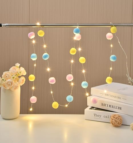 FLCSIed 20 LED-Kupfer-Lichter mit Pompons, betrieben mit 2 AA-Batterien, für Schlafzimmer, Valentinstag, Hochzeit, Party, Weihnachten, Heimdekoration (Bonbonfarben) von FLCSIed