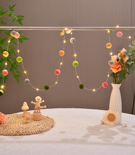 FLCSIed 20 LED-Kupfer-Lichter mit Pompons, betrieben mit 2 AA-Batterien, für Schlafzimmer, Valentinstag, Hochzeit, Party, Weihnachten, Heimdekoration (Modilan-Farbe) von FLCSIed