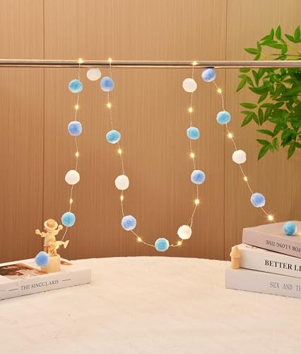 FLCSIed 20 LED-Kupfer-Lichter mit Pompons, betrieben mit 2 AA-Batterien, für Schlafzimmer, Valentinstag, Hochzeit, Party, Weihnachten, Heimdekoration (blau) von FLCSIed