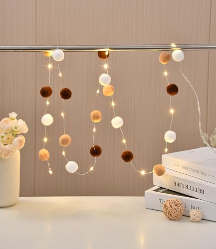 FLCSIed 20 LED-Kupfer-Lichter mit Pompons, betrieben mit 2 AA-Batterien, für Schlafzimmer, Valentinstag, Hochzeit, Party, Weihnachten, Heimdekoration (braun) von FLCSIed