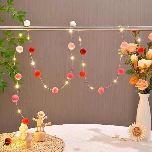 FLCSIed 20 LED-Kupfer-Lichter mit Pompons, betrieben mit 2 AA-Batterien, für Schlafzimmer, Valentinstag, Hochzeit, Party, Weihnachten, Heimdekoration (dunkelrosa) von FLCSIed