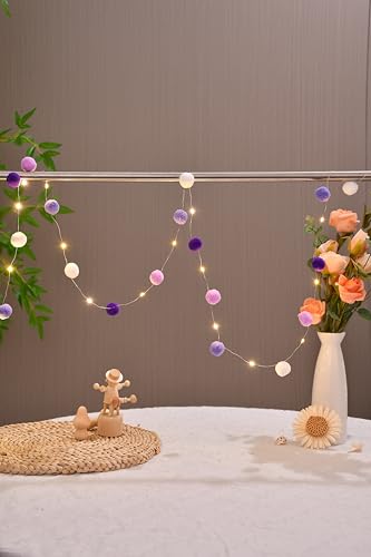FLCSIed 20 LED-Kupfer-Lichter mit Pompons, betrieben mit 2 AA-Batterien, für Schlafzimmer, Valentinstag, Hochzeit, Party, Weihnachten, Heimdekoration (lila) von FLCSIed
