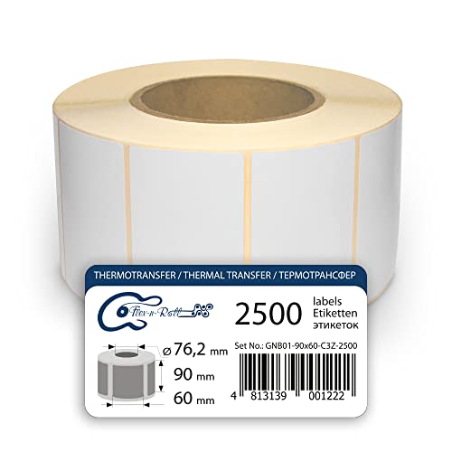 FLEX-N-ROLL Thermotransfer-Etiketten Versandetiketten - 90 x 60 mm - 2500 Thermo Transfer Papier glänzend auf 1 Roll(n), 3 Zoll Kern, Standard- und Industriedrucker, permanent von FLEX-N-ROLL