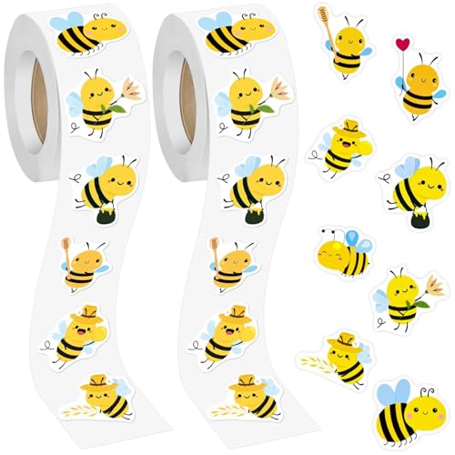 FLEXNOVA 1000 Stück Bienen Aufkleber, 2 Rollen Cartoon Stickerrolle Bienen Sticker Biene Waldtiere Vinyl Wasserfeste Aufkleber Deko Biene Sticker Rolle Tiere Kinder für Geschenke Scrapbooking Party von FLEXNOVA