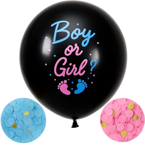 FLG | Gender Reveal Ballon Helium XXL Schwarz mit "Boy or Girl?" Druck - Größe: 90 cm - Latexballon inklusive Rosa & Blauen Konfetti + Nadel Geschlechtsenthüllungsfeier (Boy or Girl?) von FLG FINISH LINE GERMANY