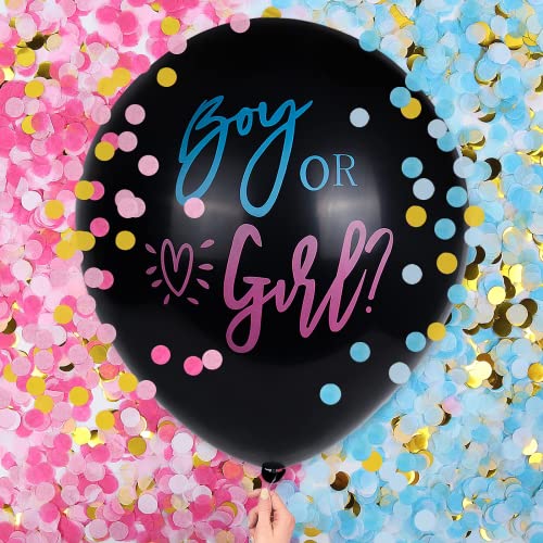 FLG | Gender Reveal Ballon Helium XXL Schwarz mit "Boy or Girl?" Druck - Größe: 90 cm - Latexballon inklusive Rosa & Blauen Konfetti Geschlechtsenthüllungsfeier von FLG FINISH LINE GERMANY