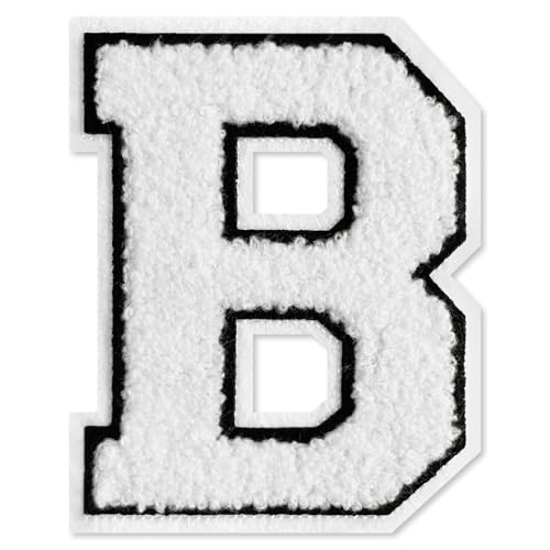 Flixleap Weißer Chenille-Aufnäher zum Aufbügeln auf Letterman-Jacke, großer Buchstabenaufnäher, Varsity-Patch, Chenille-Buchstabe für Kleidung (Weiß, B) von FLIXLEAP