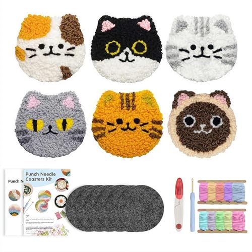 FLKWOP Stanznadel-Untersetzer-Set, Stanznadel-Kits für Erwachsene, Anfänger, Katzen-Untersetzer-Set mit Klebefilz, Garnen, Stickrahmen, Anleitung 2025 von FLKWOP