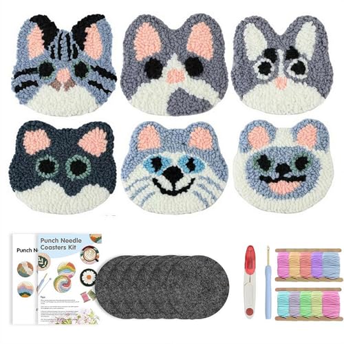 FLKWOP Stanznadel-Untersetzer-Set, Stanznadel-Kits für Erwachsene, Anfänger, Katzen-Untersetzer-Set mit Klebefilz, Garnen, Stickrahmen, Anleitung 2025 von FLKWOP