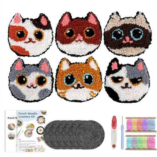 FLKWOP Stanznadel-Untersetzer-Set, Stanznadel-Kits für Erwachsene, Anfänger, Katzen-Untersetzer-Set mit Klebefilz, Garnen, Stickrahmen, Anleitung 2025 von FLKWOP